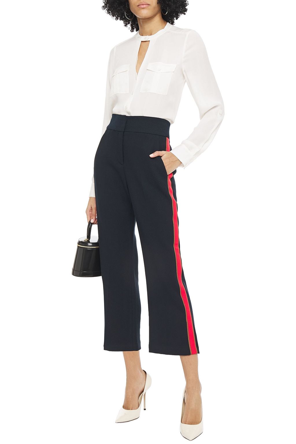 VERONICA BEARD Grosgrain-trimmed cropped herringbone pants