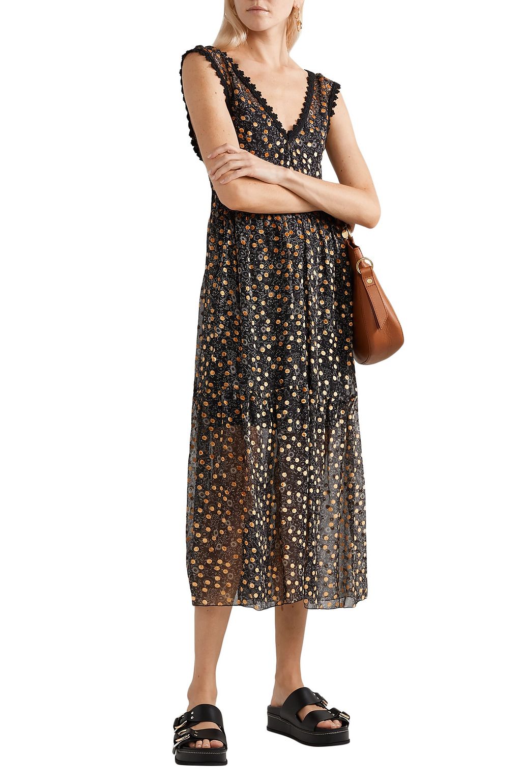 SEE BY CHLOÉ Lace-trimmed flocked floral-print silk-chiffon midi dress
