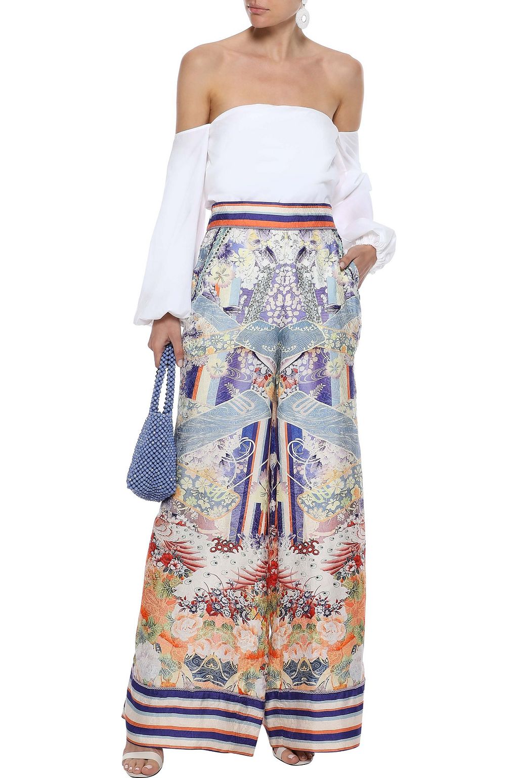 CAMILLA Crystal-embellished printed satin-jacquard wide-leg pants