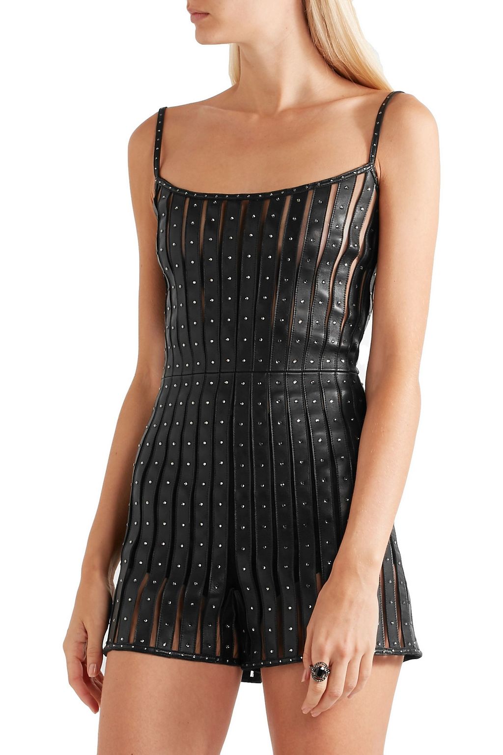 VALENTINO GARAVANI Swarovski crystal-embellished leather and tulle playsuit