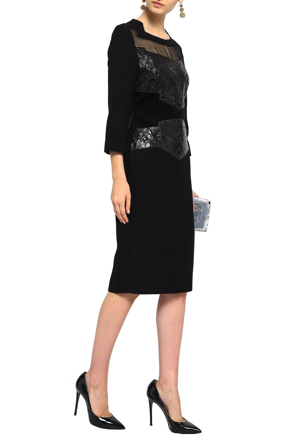 ANTONIO BERARDI Organza and metallic lace-paneled wool dress