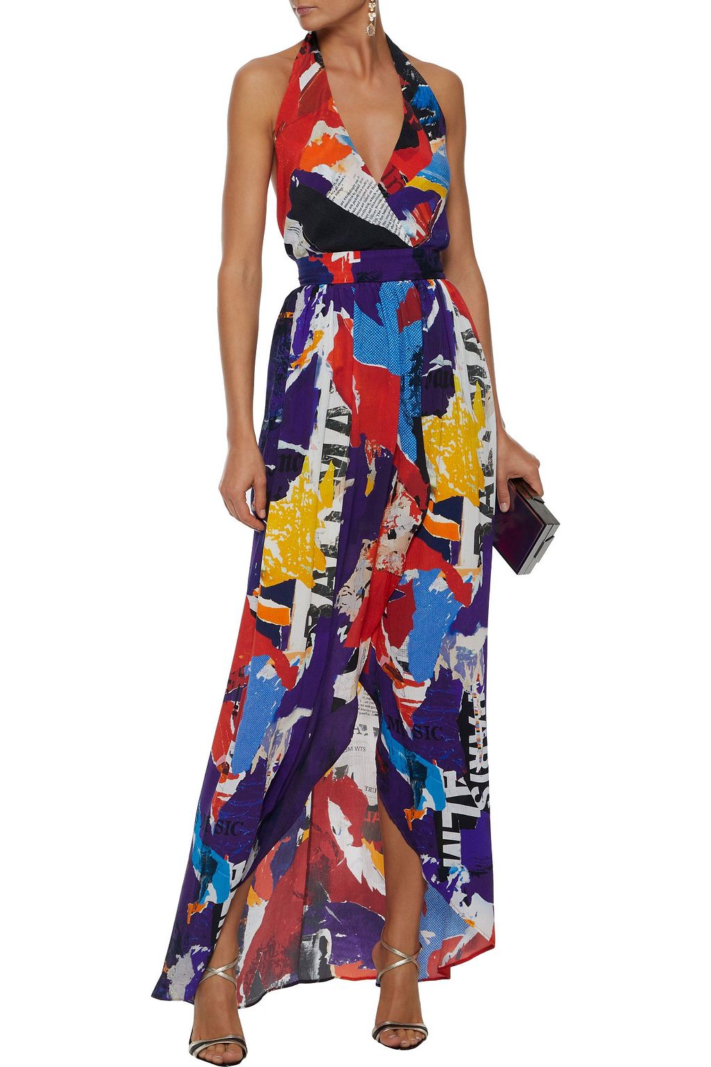 BALMAIN Printed silk-georgette halterneck maxi dress