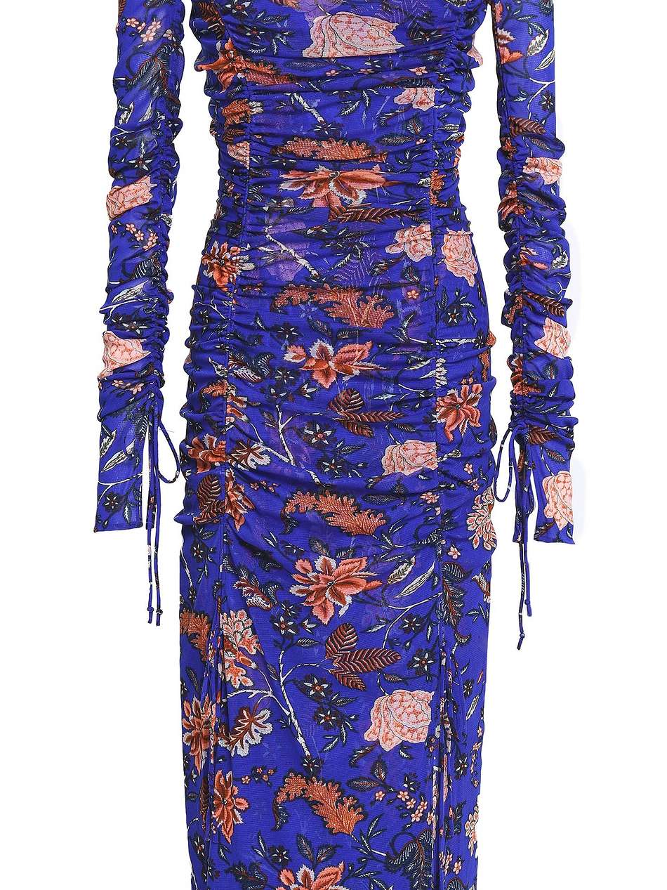 corrine ruched floral-print stretch-mesh midi dress