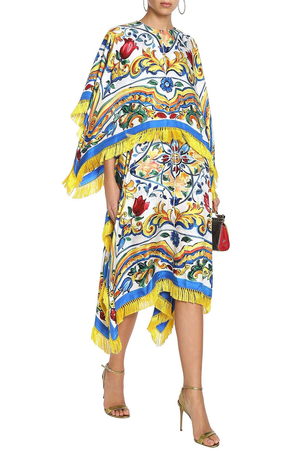 DOLCE&GABBANA Fringed printed twill and silk-blend midi dress