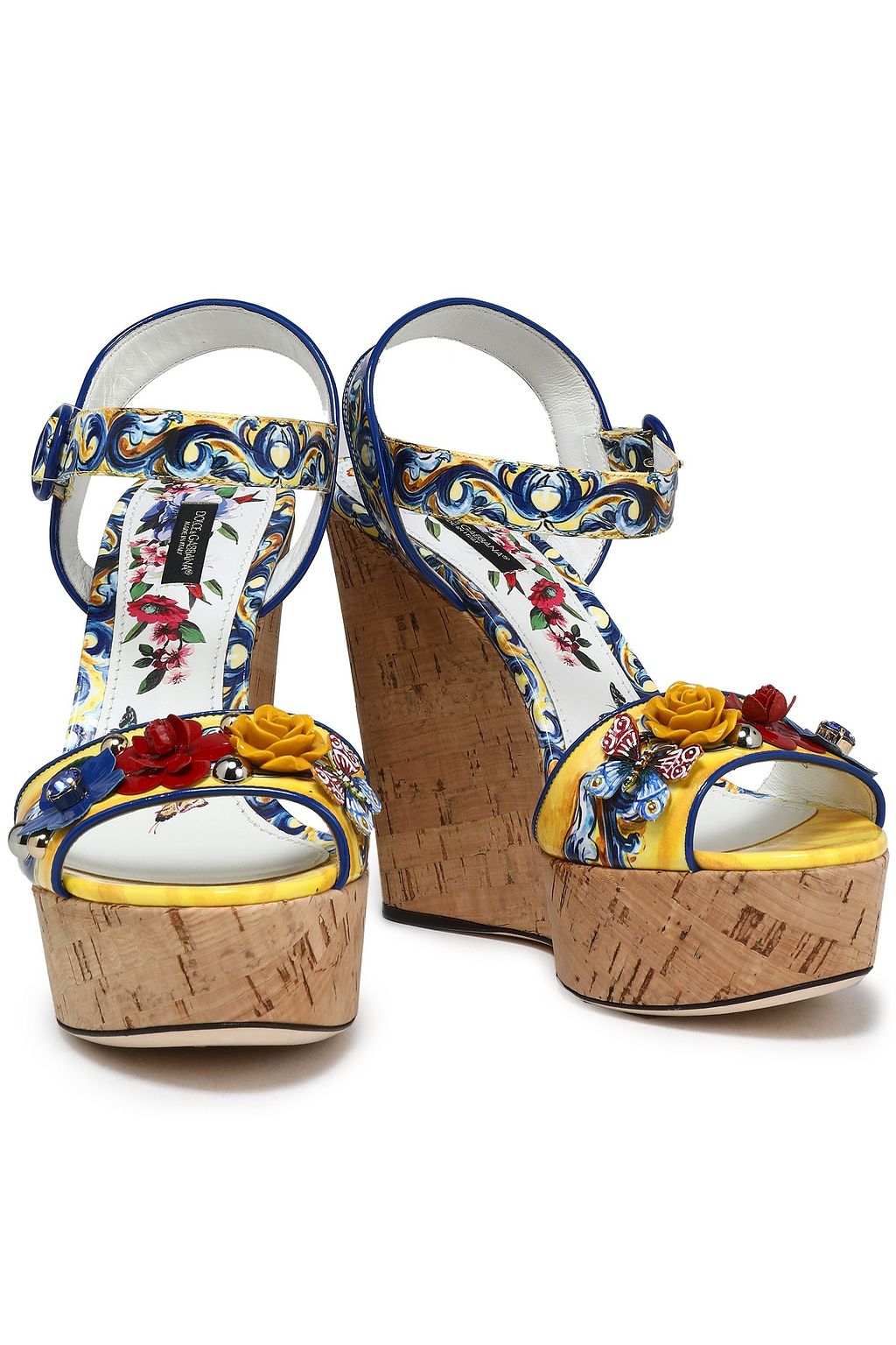 DOLCE&GABBANA Appliquéd printed patent-leather wedge sandals