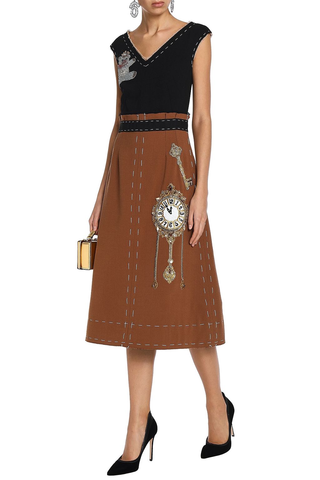 DOLCE&GABBANA Appliquéd two-tone wool-crepe midi dress