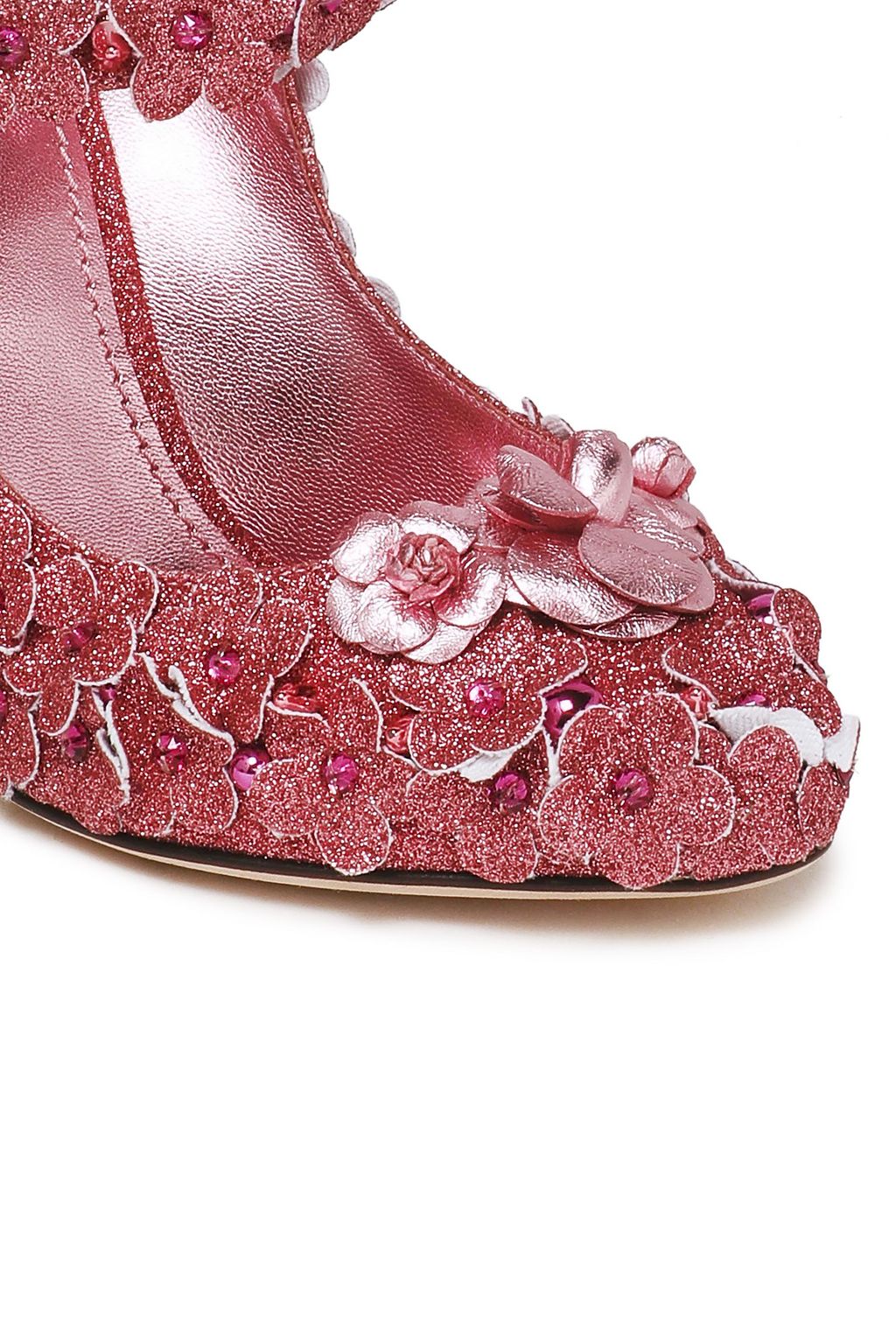 DOLCE&GABBANA Floral-appliquéd glittered leather Mary Jane pumps