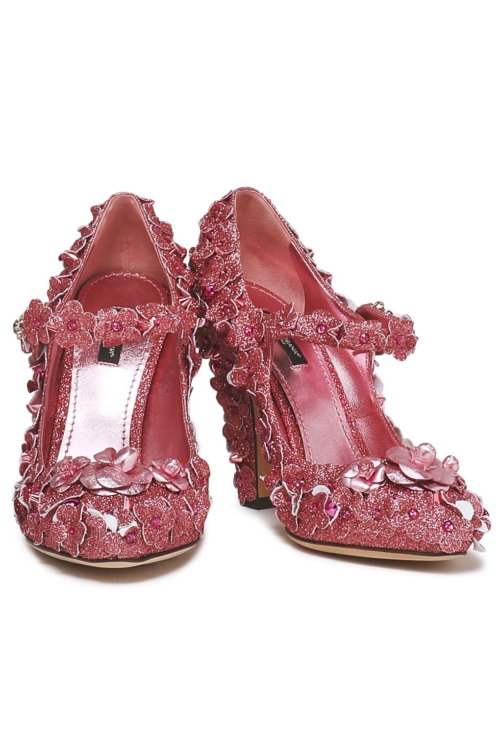 DOLCE&GABBANA Floral-appliquéd glittered leather Mary Jane pumps