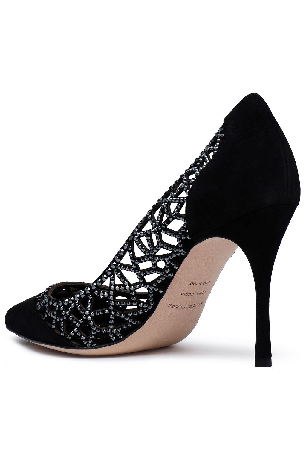 SERGIO ROSSI Crystal-embellished laser-cut suede pumps