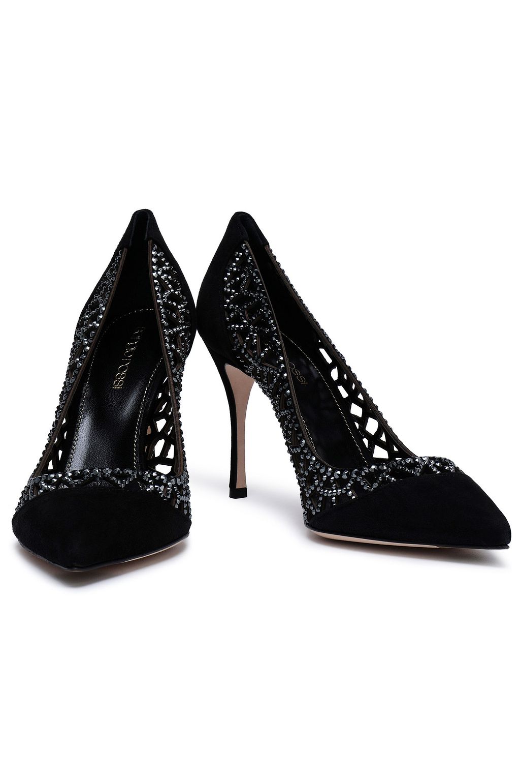 SERGIO ROSSI Crystal-embellished laser-cut suede pumps