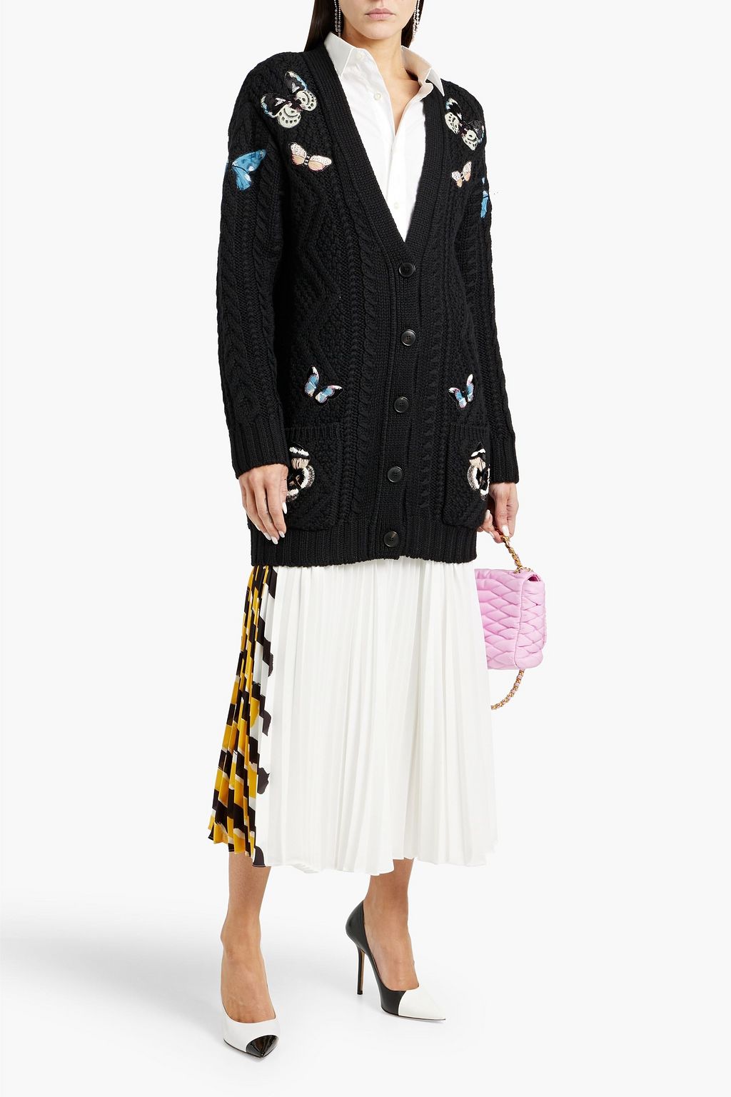 VALENTINO GARAVANI Appliquéd cable-knit wool cardigan
