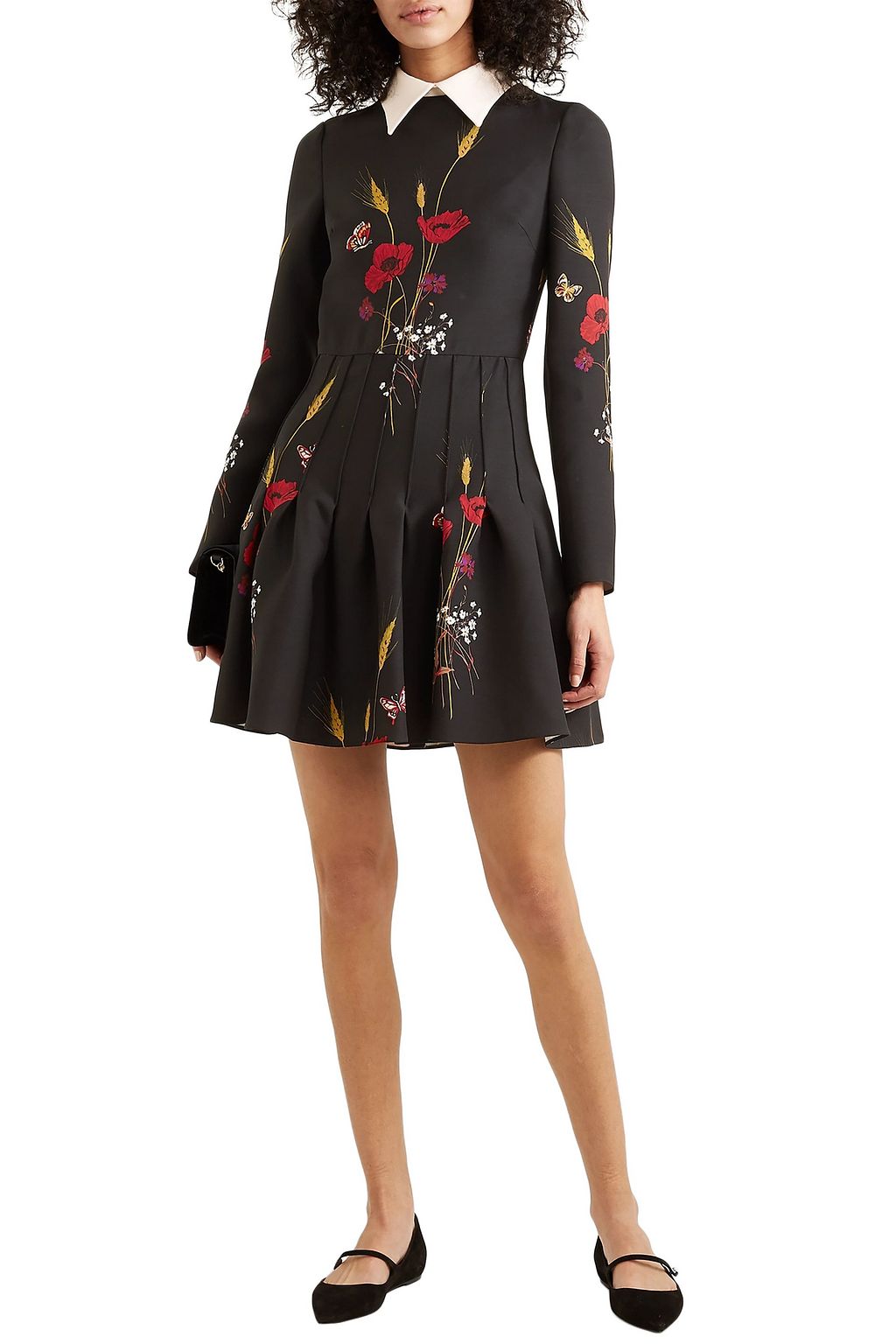VALENTINO GARAVANI Pleated floral-print wool and silk-blend crepe mini dress