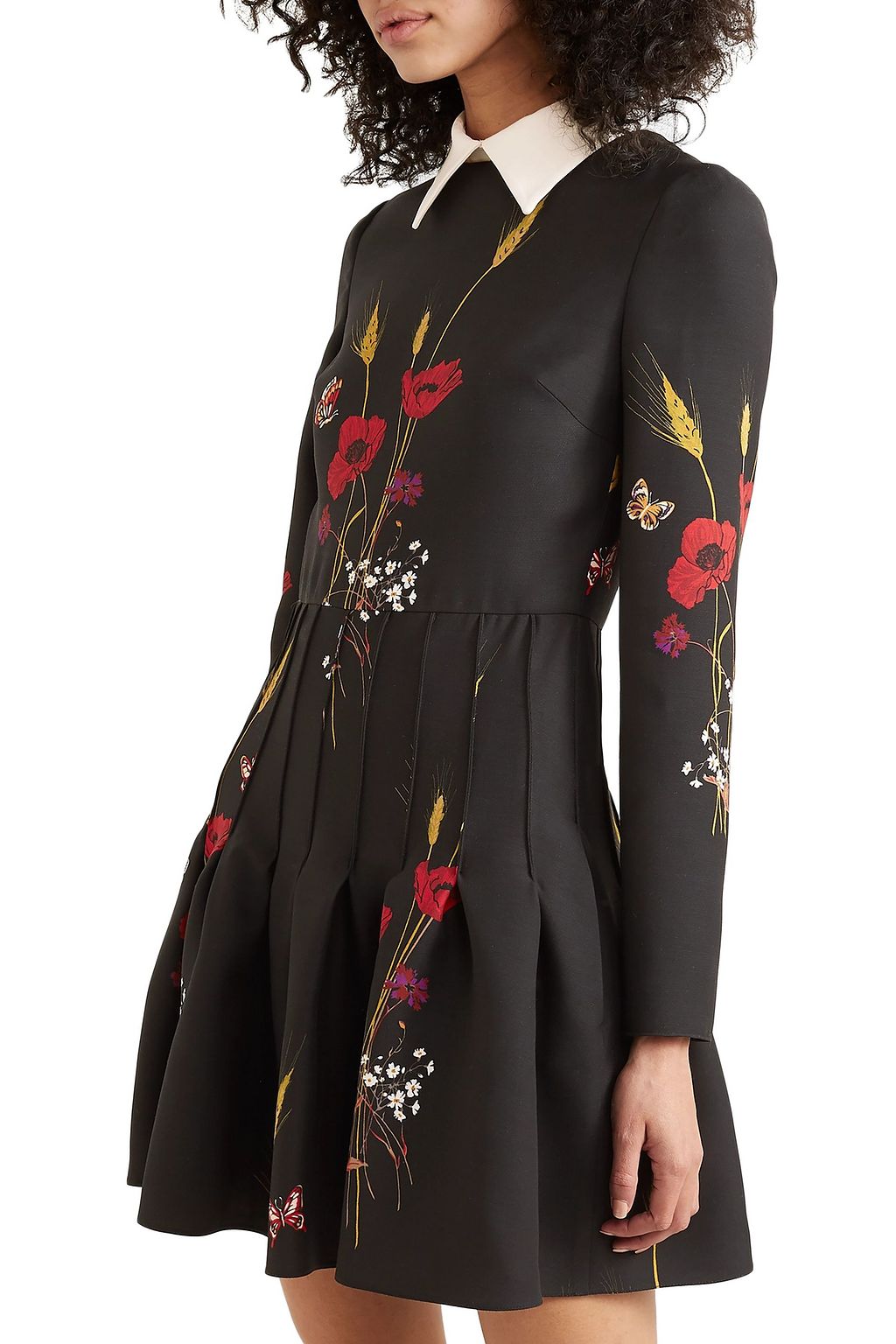 VALENTINO GARAVANI Pleated floral-print wool and silk-blend crepe mini dress