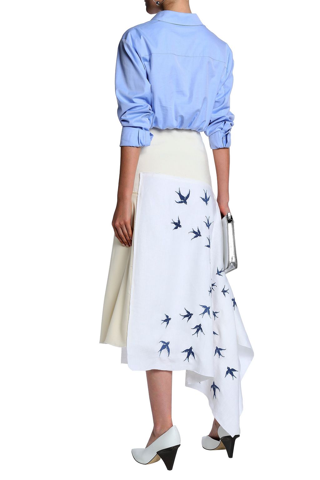 JW ANDERSON Asymmetric embroidered linen and crepe midi skirt