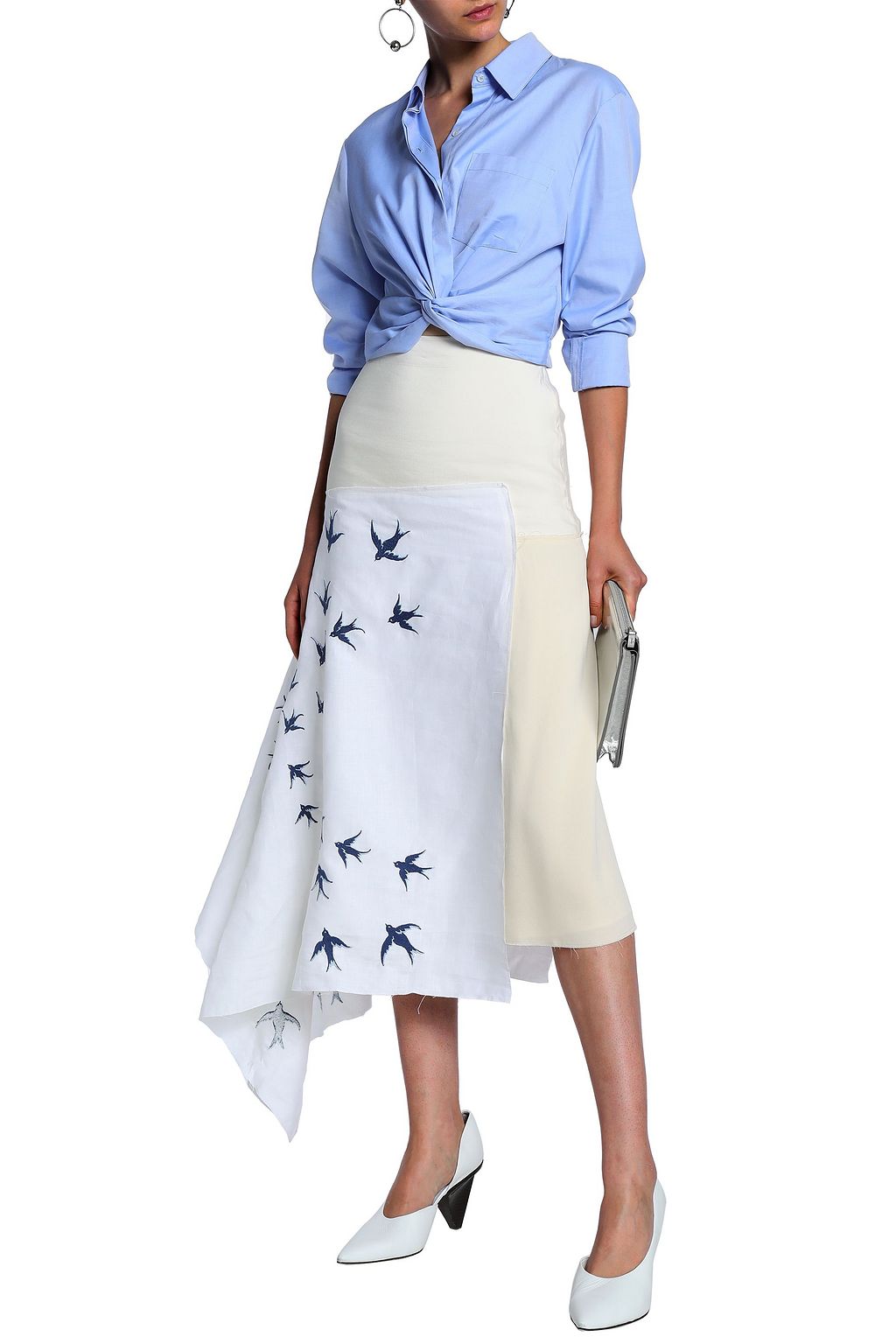JW ANDERSON Asymmetric embroidered linen and crepe midi skirt