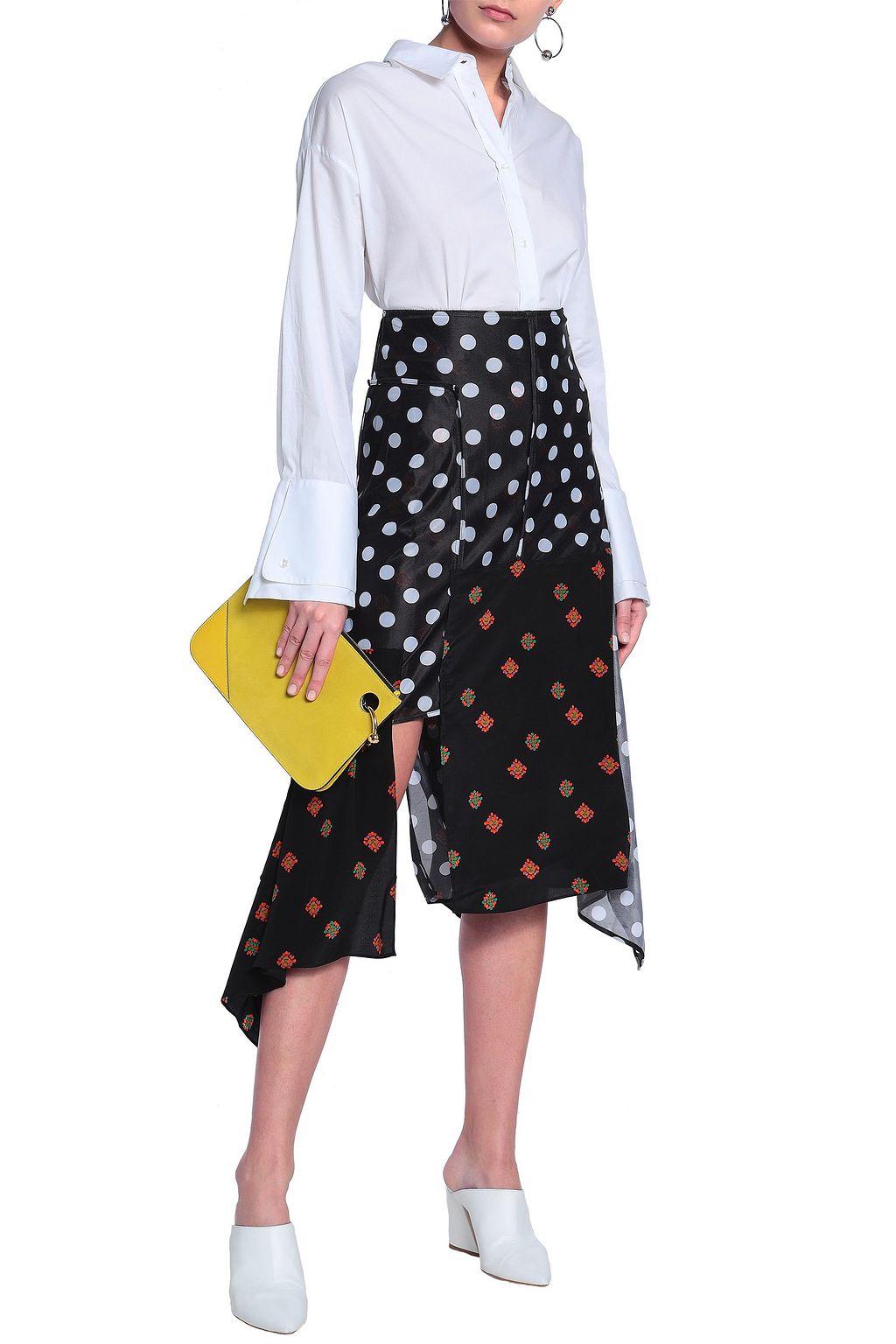J.W.ANDERSON Asymmetric floral-print jersey-paneled polka-dot gazar midi skirt
