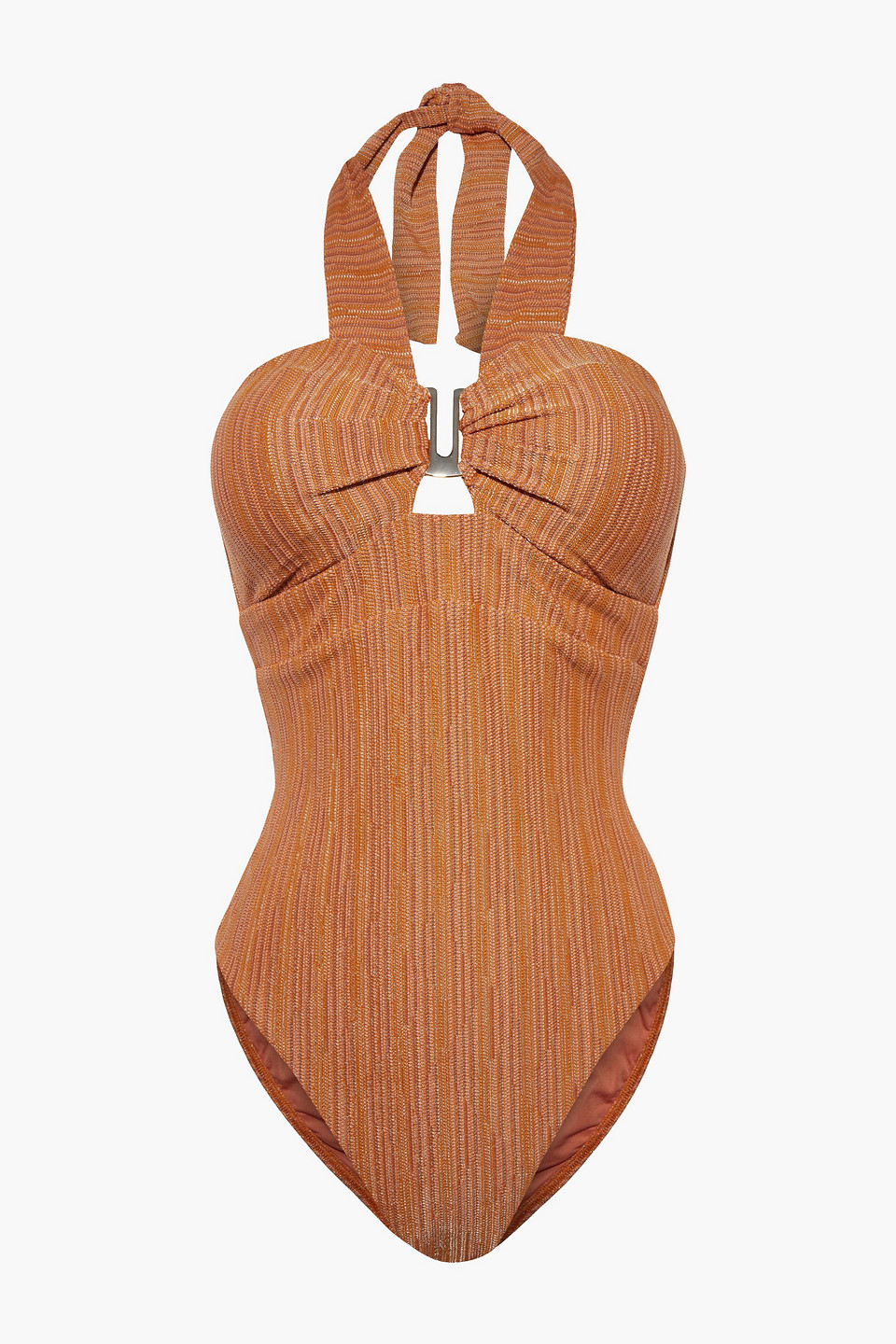 Jets Australia By Jessika Allen Woman Radiance Cutout Metallic Crochet-knit Halterneck Swimsuit Copper Size 10