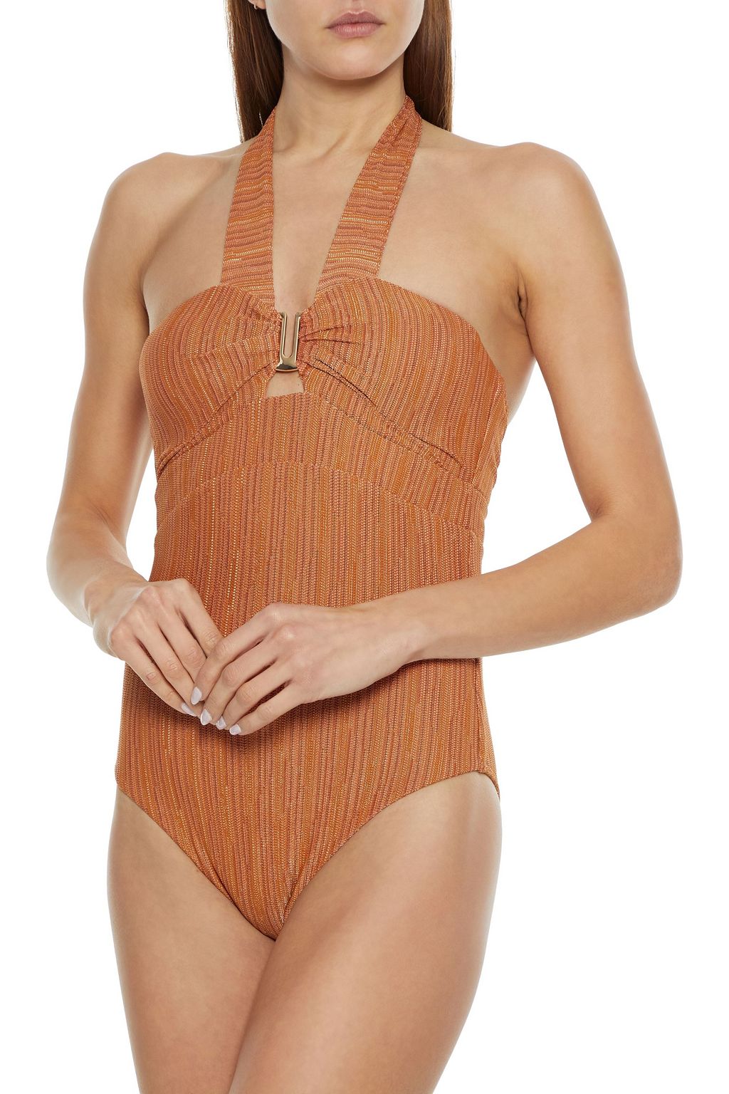 JETS AUSTRALIA BY JESSIKA ALLEN Radiance cutout metallic crochet-knit halterneck swimsuit