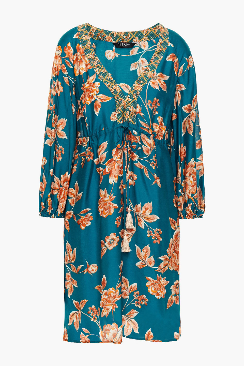 Jets Australia By Jessika Allen Woman Enchantment Tasseled Floral-print Voile Mini Dress Petrol Size M