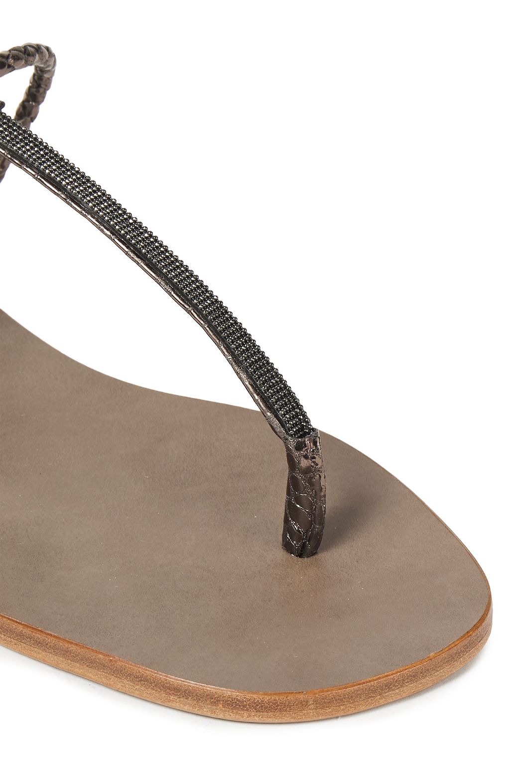 BRUNELLO CUCINELLI Bead-embellished metallic braided and croc-effect leather sandals