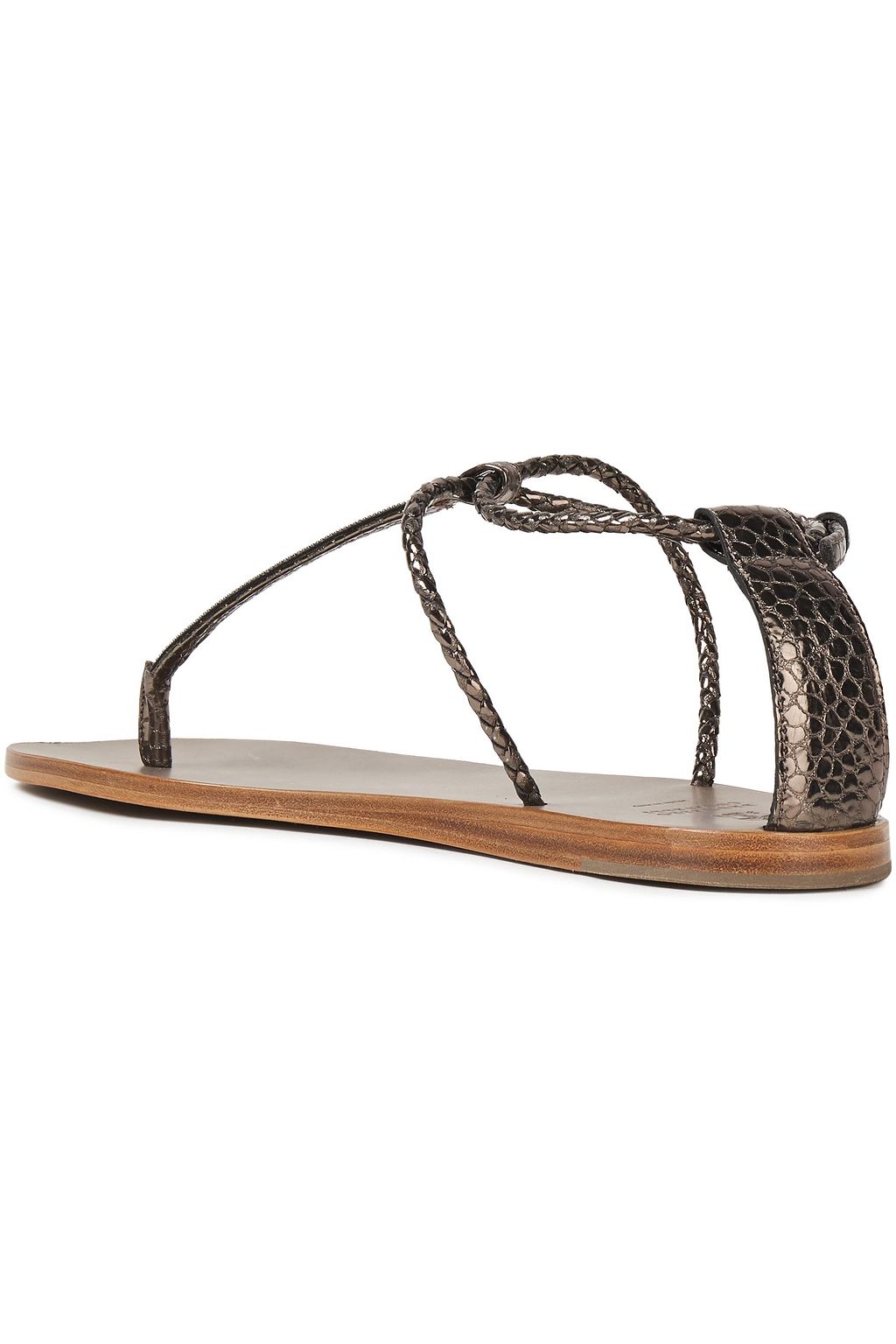 BRUNELLO CUCINELLI Bead-embellished metallic braided and croc-effect leather sandals