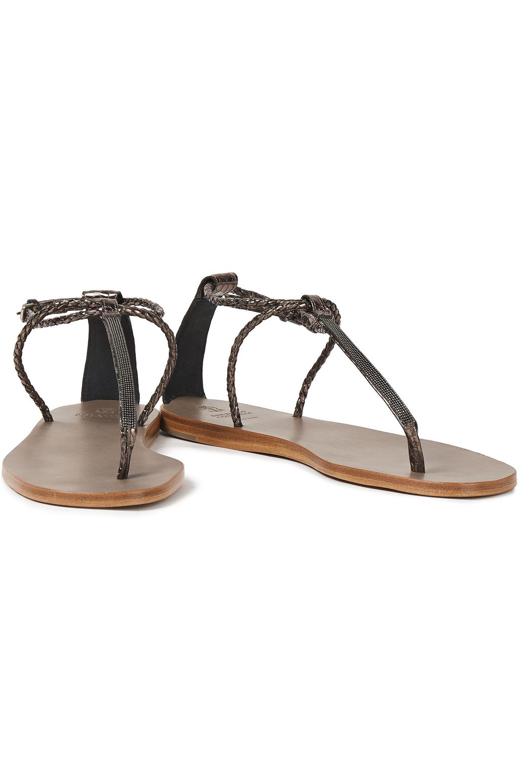 BRUNELLO CUCINELLI Bead-embellished metallic braided and croc-effect leather sandals