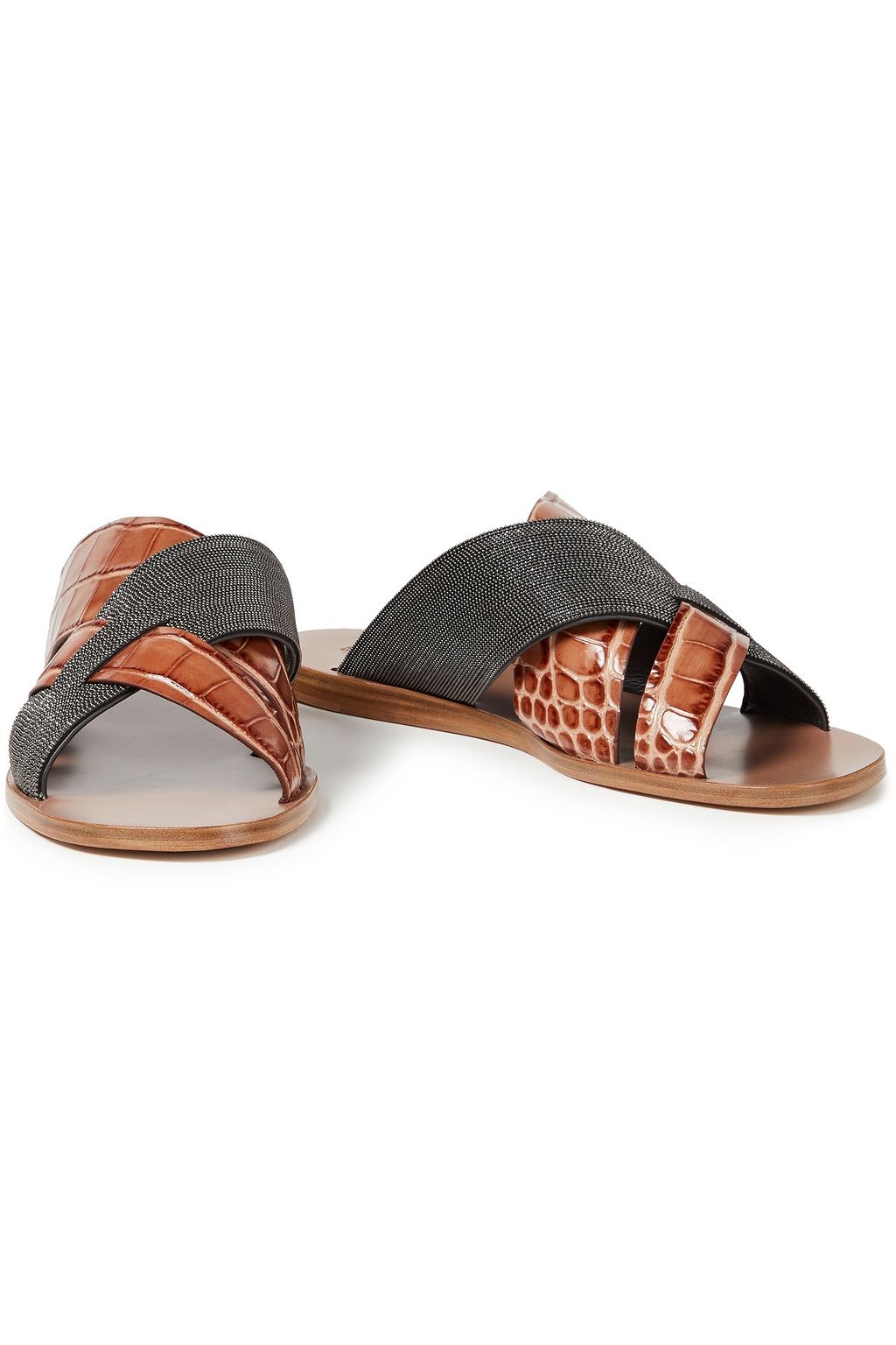 BRUNELLO CUCINELLI Bead-embellished croc-effect leather slides