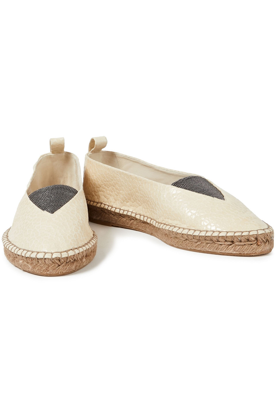 Brunello Cucinelli Bead-embellished Textured-leather Espadrilles In Ecru