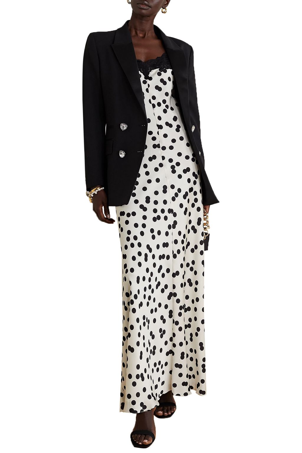 RACIL Midnight lace-trimmed polka-dot satin maxi dress