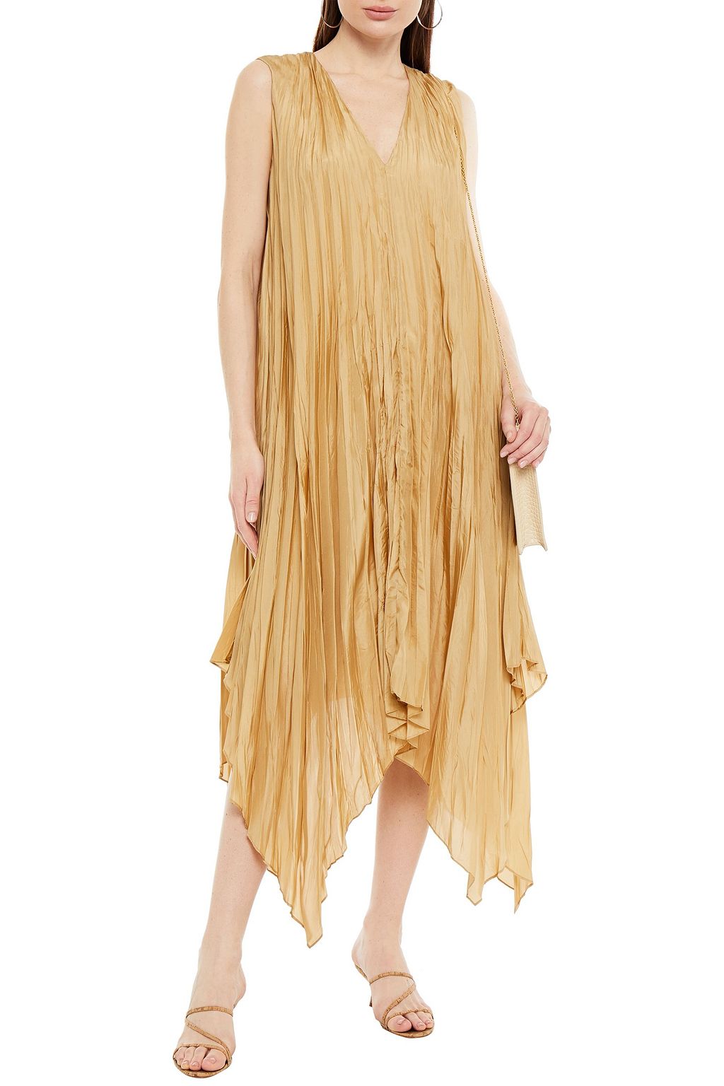 JOSEPH Checker asymmetric plissé silk-habotai midi dress