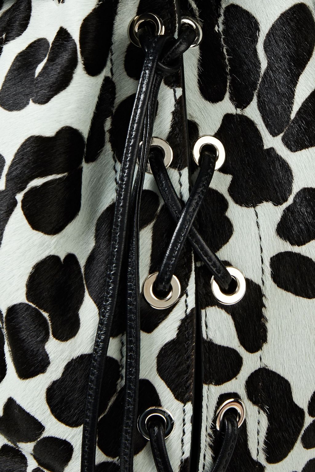 ROGER VIVIER Lace-up tasseled printed calf hair bucket bag