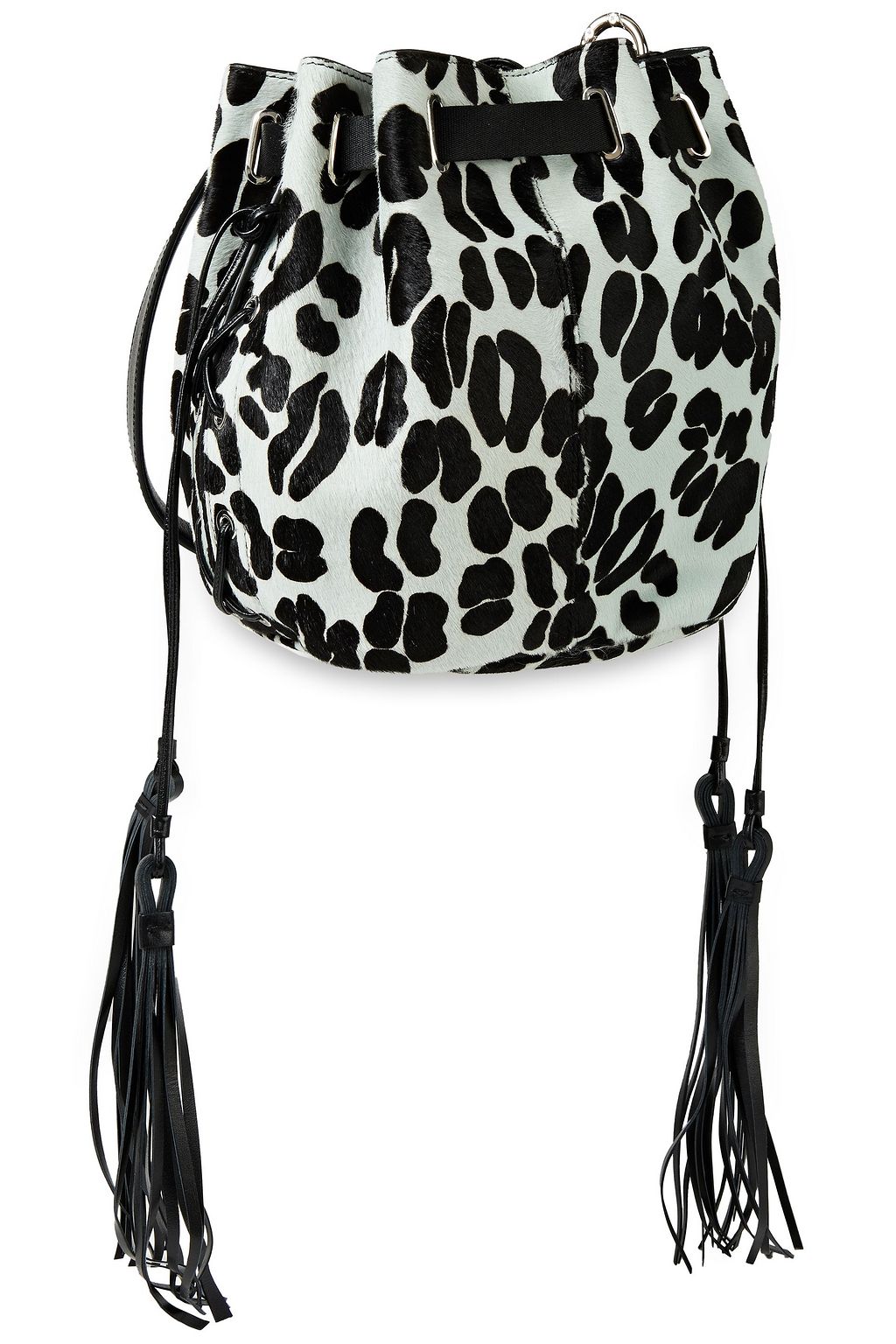 ROGER VIVIER Lace-up tasseled printed calf hair bucket bag