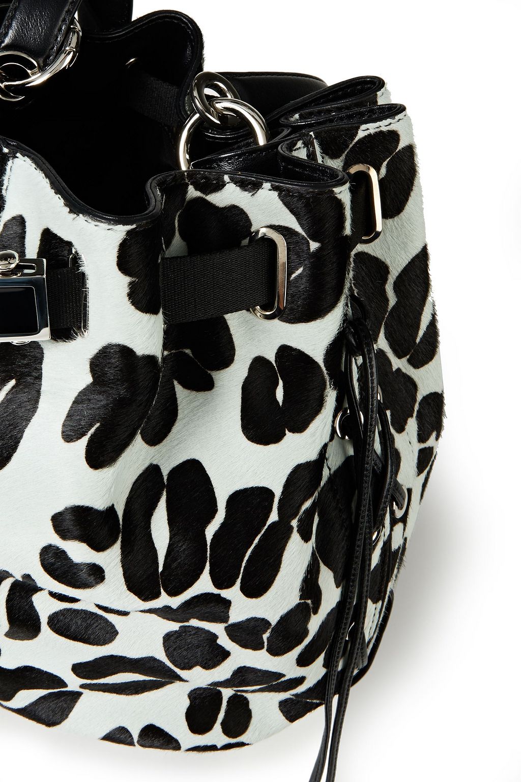 ROGER VIVIER Lace-up tasseled printed calf hair bucket bag
