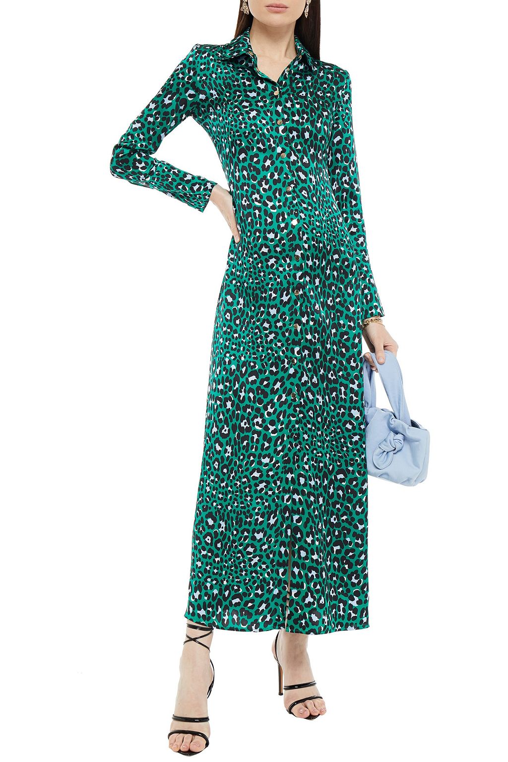 OLIVIA VON HALLE Leopard-print silk-satin maxi shirt dress