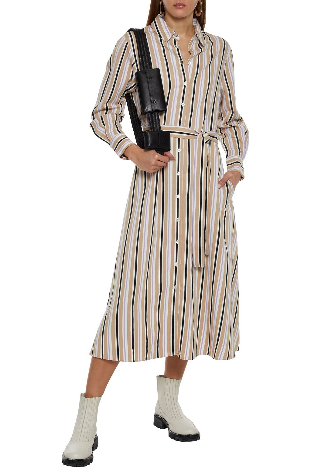 Beige Belted striped woven midi shirt 