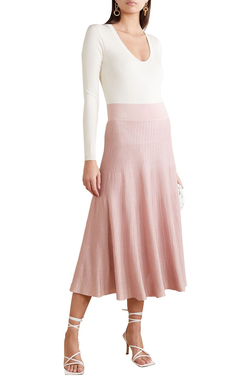 CASASOLA Pleated metallic ribbed-knit midi skirt