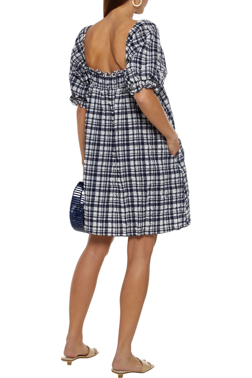 SOLID & STRIPED Shirred gingham seersucker mini dress