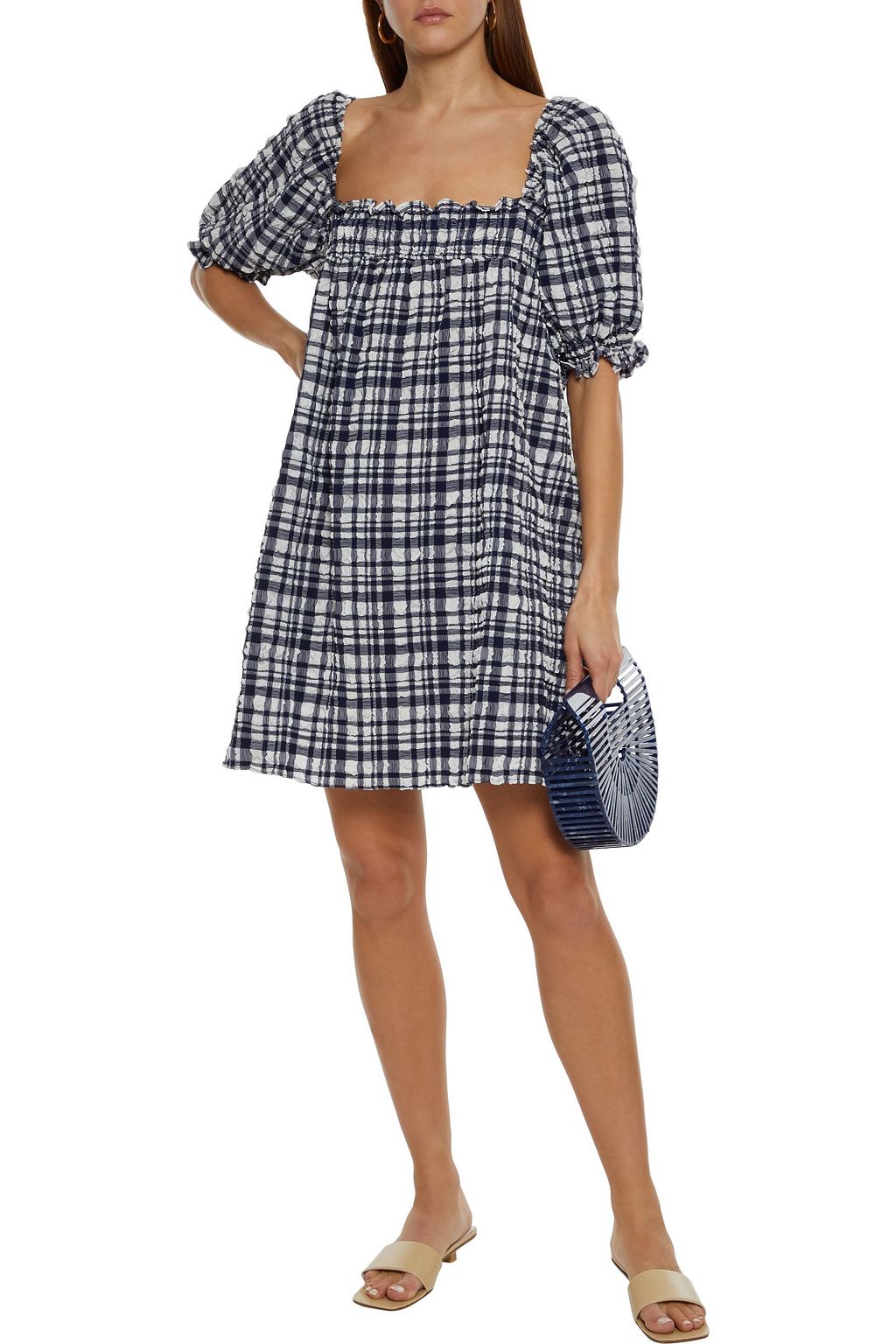 SOLID & STRIPED Shirred gingham seersucker mini dress