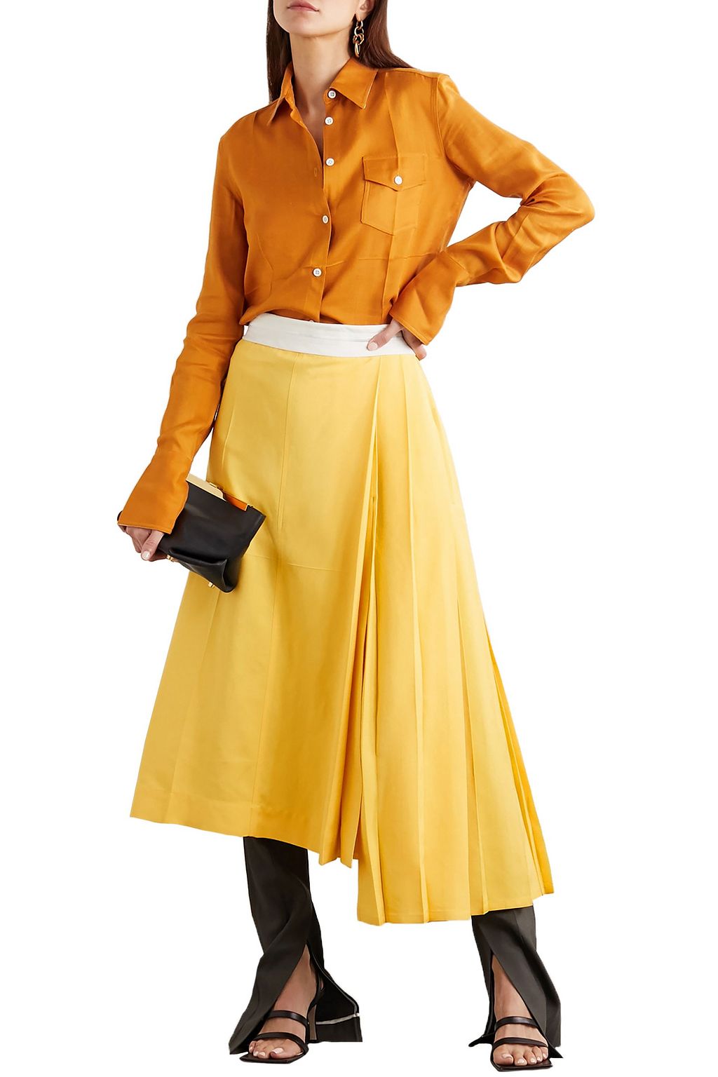 PETER DO Asymmetric pleated woven midi skirt