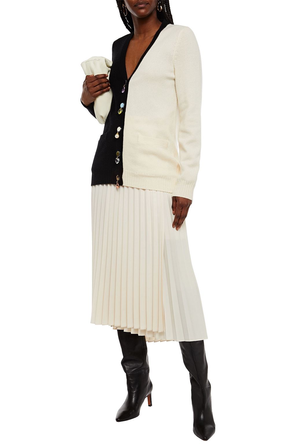 TORY BURCH Embellished two-tone wool and cashmere-blend cardigan
