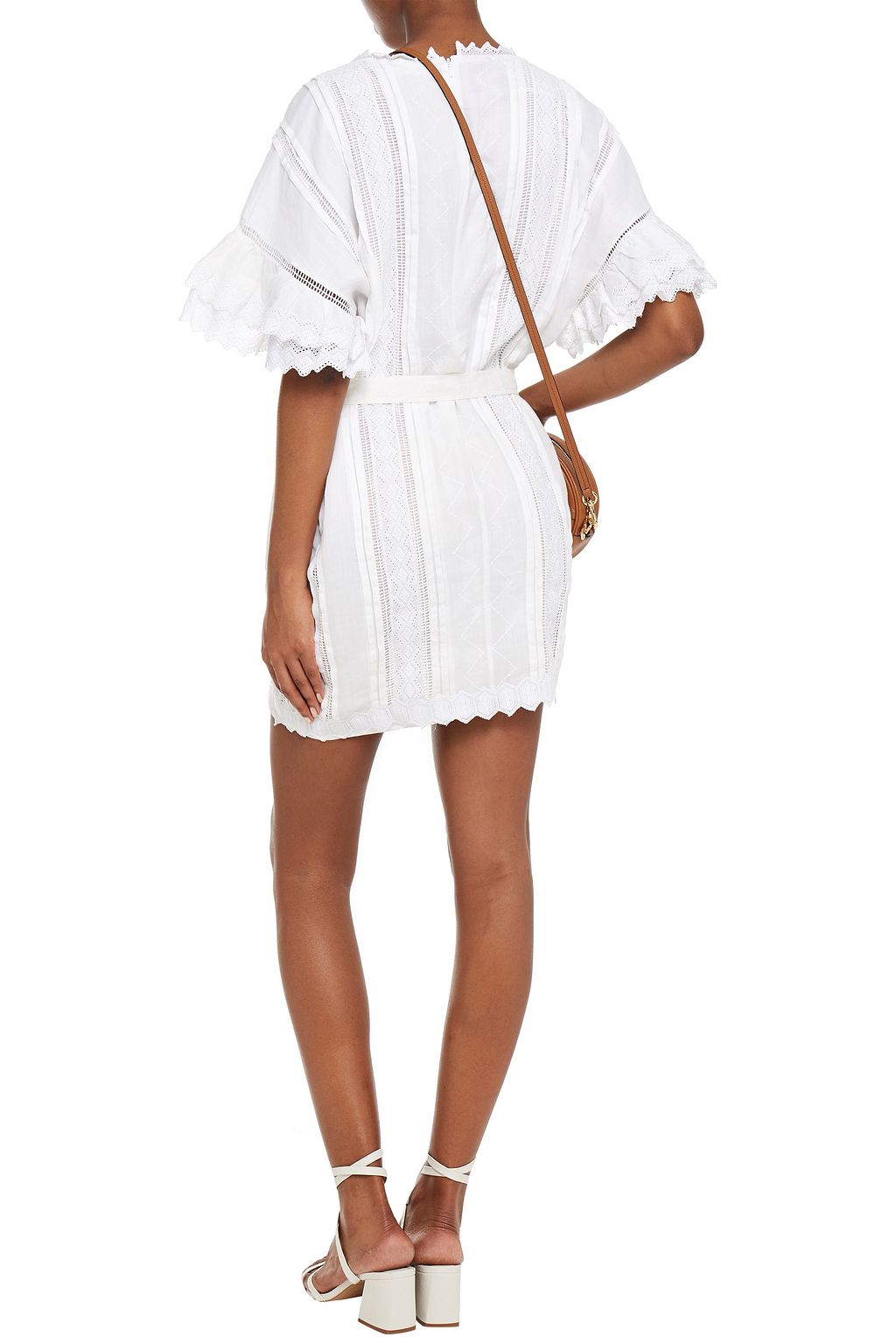 FRAME Belted ruffled broderie anglaise ramie mini dress