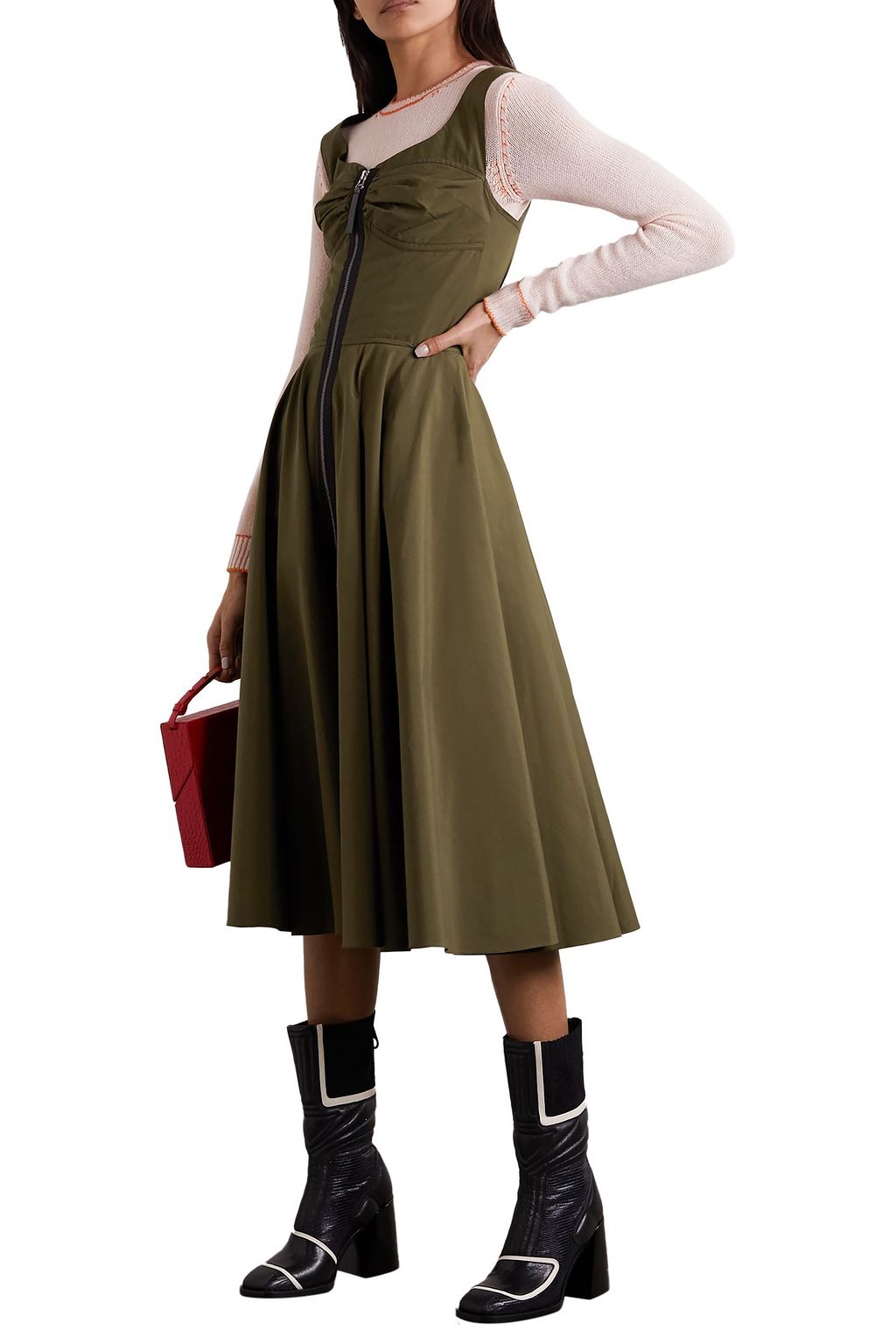 MARNI Gerafftes Kleid aus glänzendem Twill mit Lederbesatz