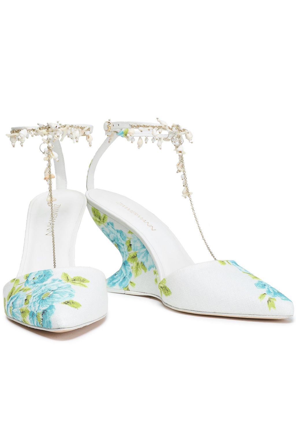 ZIMMERMANN Embellished floral-print canvas wedge pumps