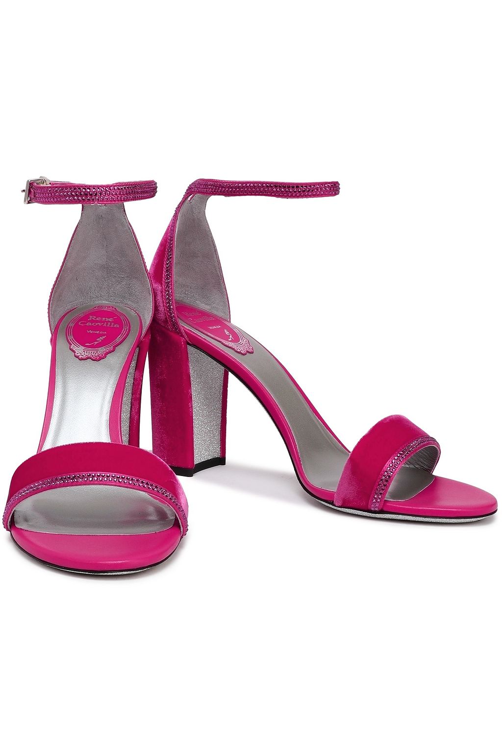 RENE' CAOVILLA Crystal-embellished satin-trimmed velvet sandals
