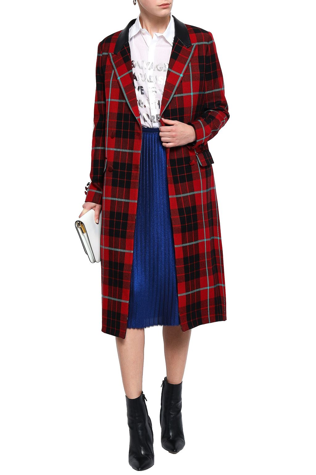EACH X OTHER Double-breasted leather-trimmed checked wool coat