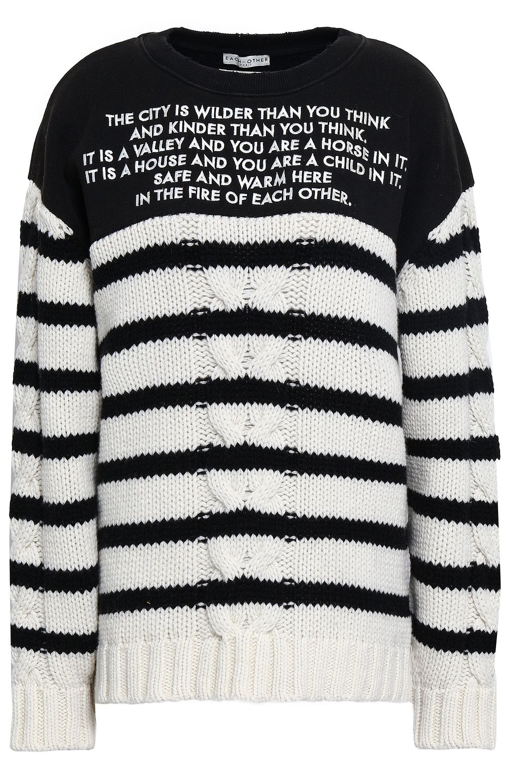 Embroidered French terry paneled striped cable knit wool and cashmere blend sweater Embroidered French terry paneled striped cable knit wool and cashmere blend sweater