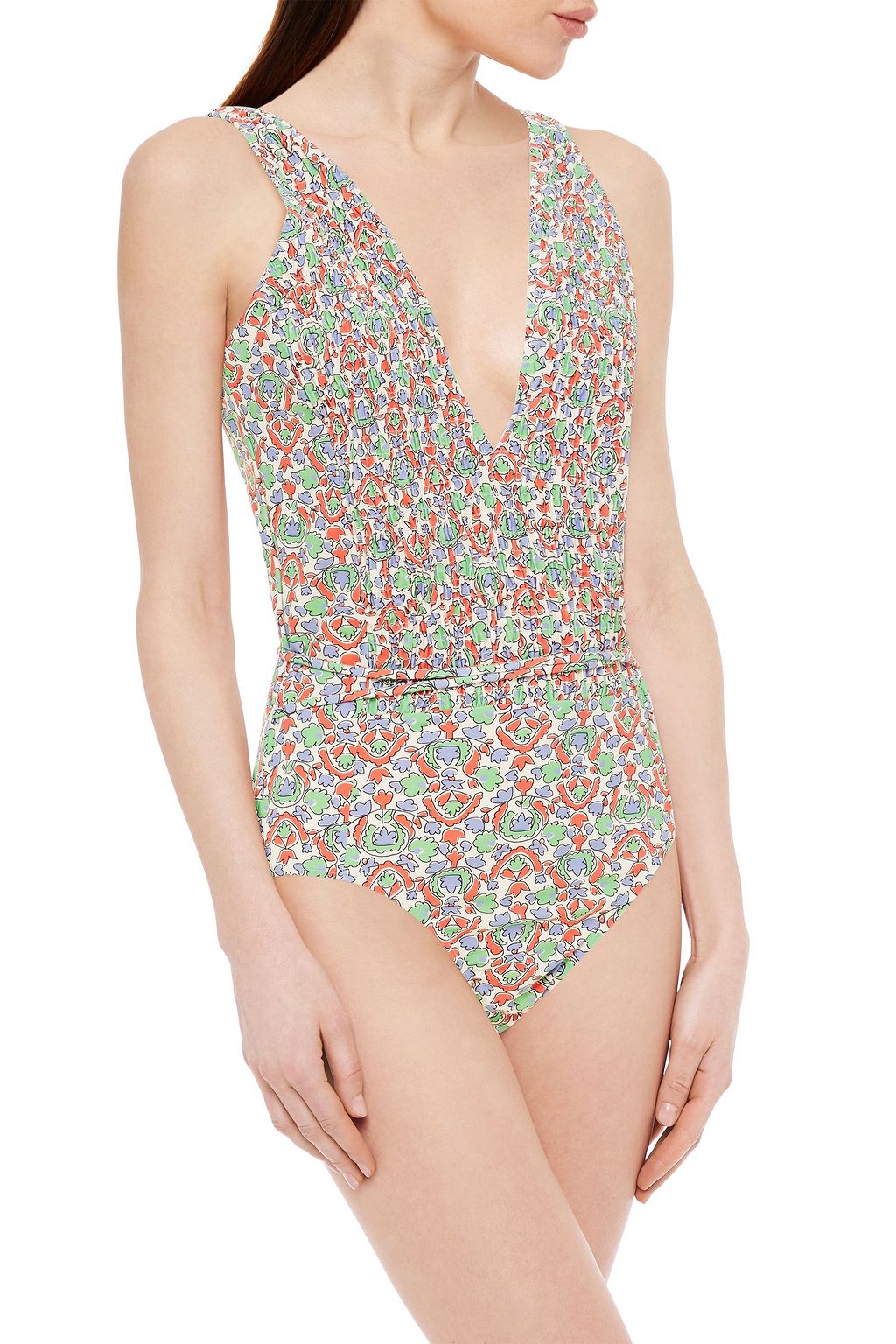TORY BURCH Belted shirred printed swimsuit