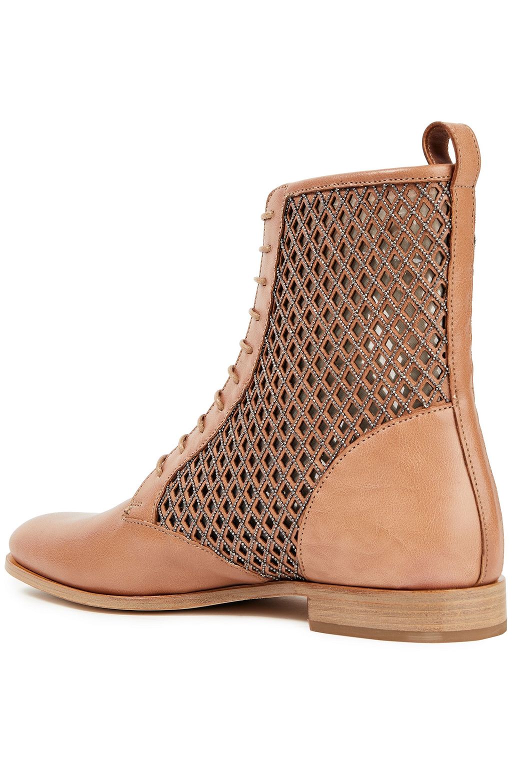 BRUNELLO CUCINELLI Tulle-trimmed laser-cut embellished leather combat boots