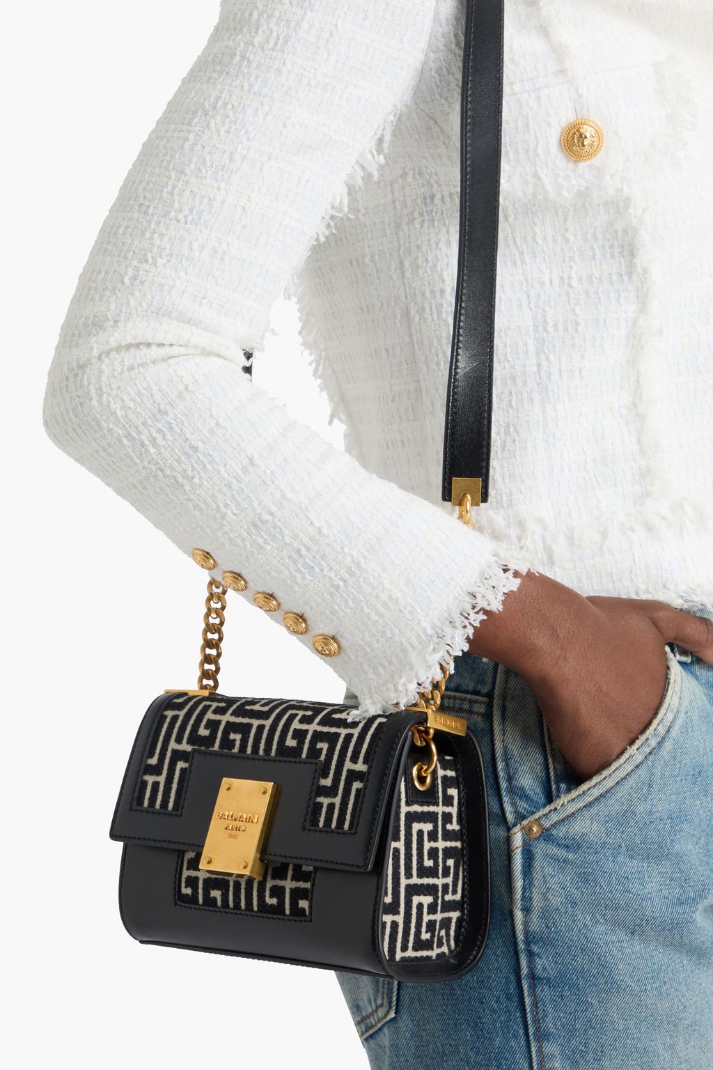 BALMAIN 1945 mini leather-trimmed jacquard cross-body bag
