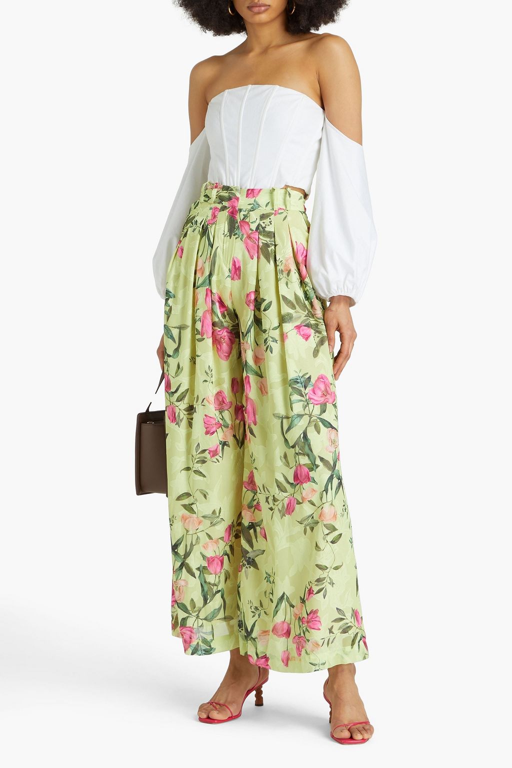 PATBO Tula floral-print satin-jacquard wide-leg pants